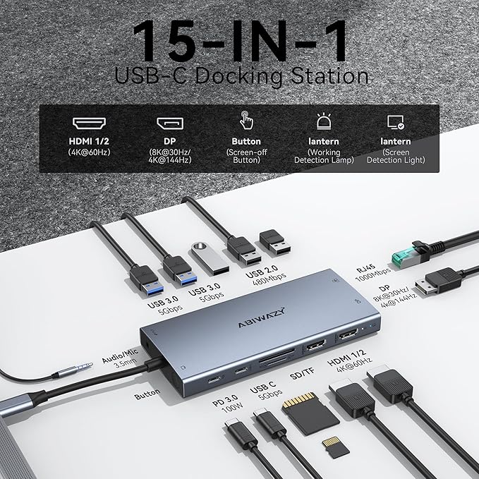 USB C Laptop Docking Station Dual Monitor ABIWAZY 15 in 1 USB C Hub Triple Display with 8K DisplayPort 2 HDMI 4K 6 USB A/C Ports 100W PD Ethernet Audio SD/MicroSD for Dell/HP/Lenovo