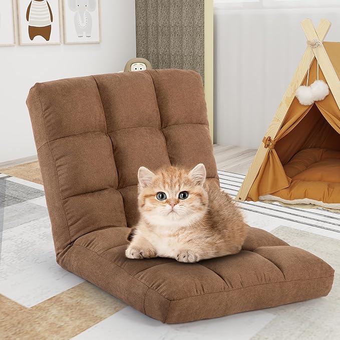 Floor Chair 24 inches Wide Oversized Velvet Armless Lay Flat Floor seat Padded Meditation Chair with 6 Adjustable Position Ergonomic Comfortable Convenient (Casual LRSF-006-TAN)
