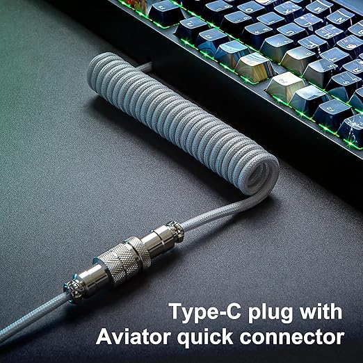 GUNMJO Pro Custom Premium Coiled USB C Cable for Gaming Keyboard Double-Sleeved Mechanical Keyboard Cable with Detachable Metal Aviator 1.5M USB-C to USB-A Marble Gray Color