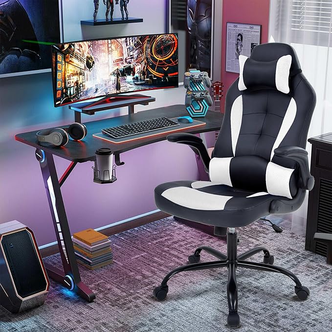 High Back PU Leather Office &amp Gaming Racing Chair - Comfortable &amp Heavy Duty - Headrest &amp Lumbar Support - Height Adjustable - Big &amp Tall Size - White