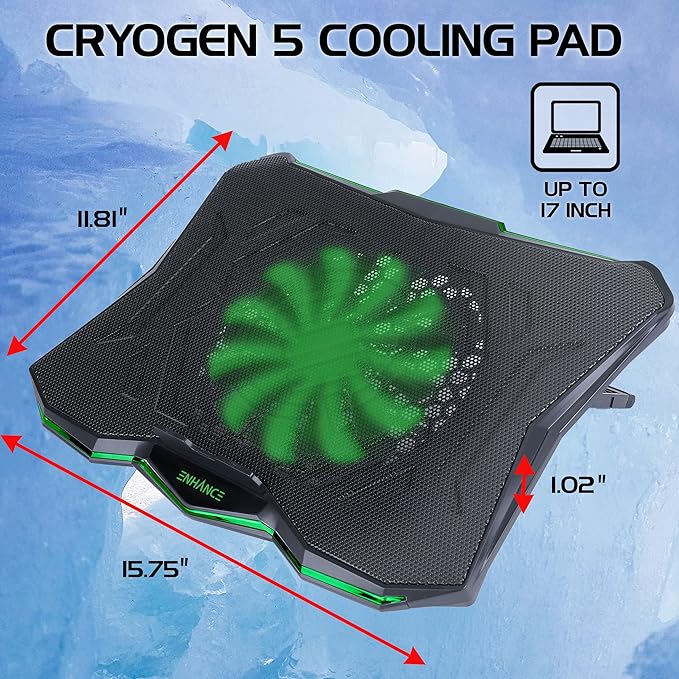 ENHANCE Cryogen 5 Gaming Laptop Cooling Pad Stand - Laptop Cooler with 7 Adjustable Height Settings &amp Dual USB Ports up to 17 inches - 1 Ultra Quiet High Performance LED Fan 800 RPM - Green
