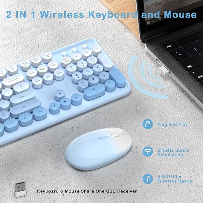 Colorful Wireless Keyboard and Mouse Combo COVEVA 2.4GHz Wireless Retro Cute Round Keycaps Keyboard 104 Keys Full-Sized Keyboard Mouse Set with Switch Button for PC Laptop Desktop (Blue Gradient)