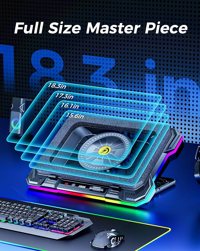 AICHESON Gaming Laptop Cooler Cooling Pad Ultra Cooling with 10°C-35°C Temperature Drop RGB Turbo Fan Stand Base for 14-19 inch Computer Laptops