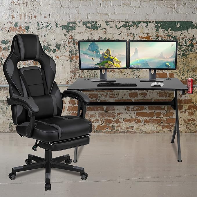 BizChair Black Gaming Desk with Cup Holder/Headphone Hook/2 Wire Management Holes &amp Black Reclining Back/Arms Gaming Chair with Footrest