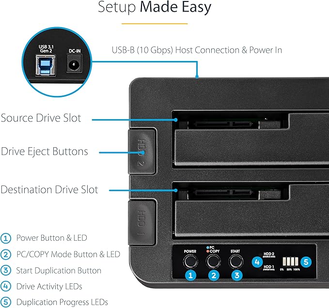 StarTech.com Standalone Hard Drive Duplicator External Dual Bay HDD/SSD Cloner/Copier USB to SATA III Docking Station