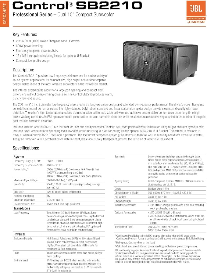 JBL Professional Control SB221 Dual Compact Subwoofer 10-Inch White