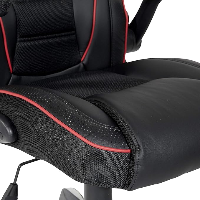 OSP Home Furnishings Xeno Ergonomic Adjustable Faux Leather Gaming Chair with Integrated Headrest and Airflow Cooling Material Black with Red Accents