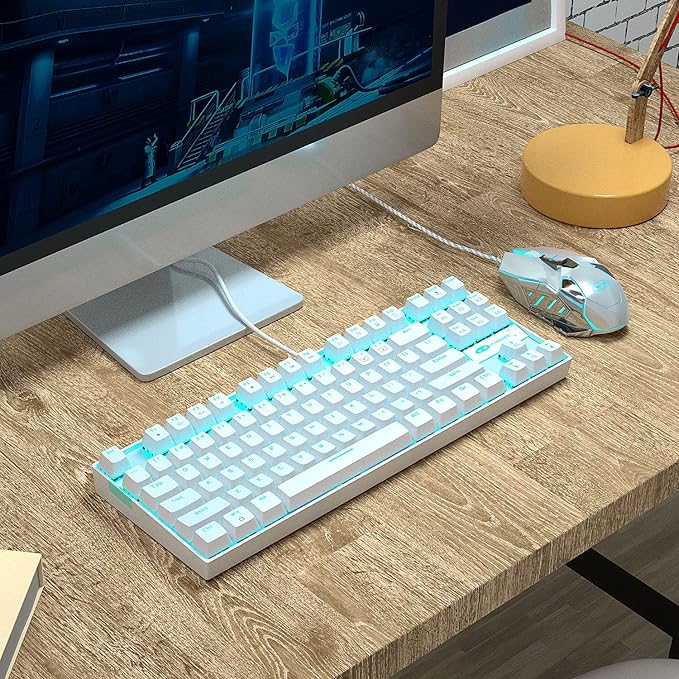MageGee Mechanical Gaming Keyboard with Blue Switch Compact 87 Keys Wired Computer Keyboard for Windows Laptop PC Gamer LED Ice Blue Backlit White