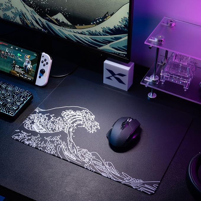 Glass Gaming Mouse Pad Black Kanagawa Hard Mousepads for GamingProfessional Large Mouse Mat 410mm*310mm Special Glass Surface with Improved Precision and Speed