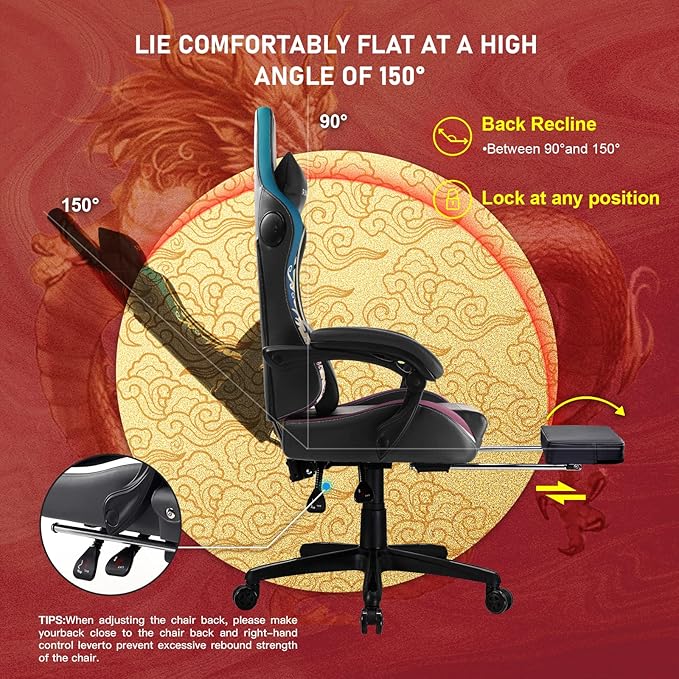 GTPLAYER Gaming Chair with Bluetooth Speakers and Footrest Dragon Series Video Game Chair Heavy Duty Ergonomic Chair Esports Gaming Chair Computer Office Desk Chair(DEEP Black)