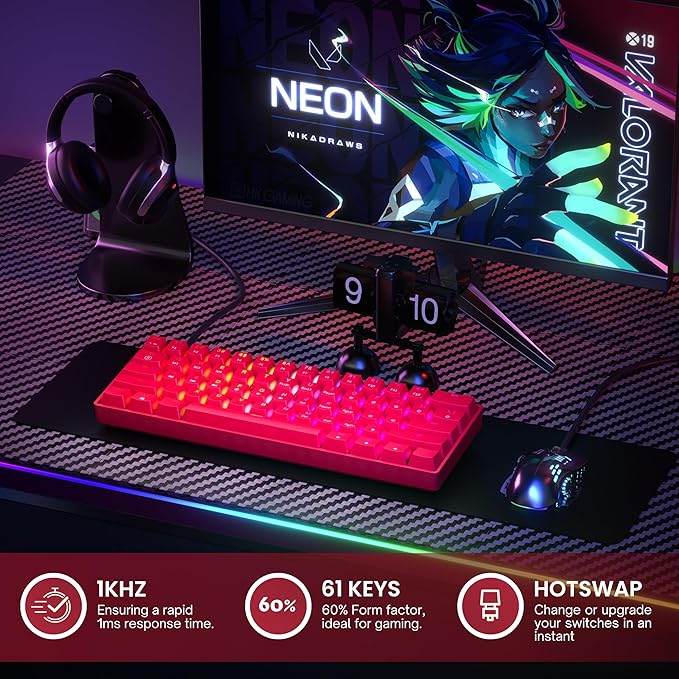 Mechanical Gaming Keyboard - 61 Keys Multi Color RGB Illuminated LED Backlit Wired Programmable for PC/Mac Gamer (Gateron Optical Yellow Red)