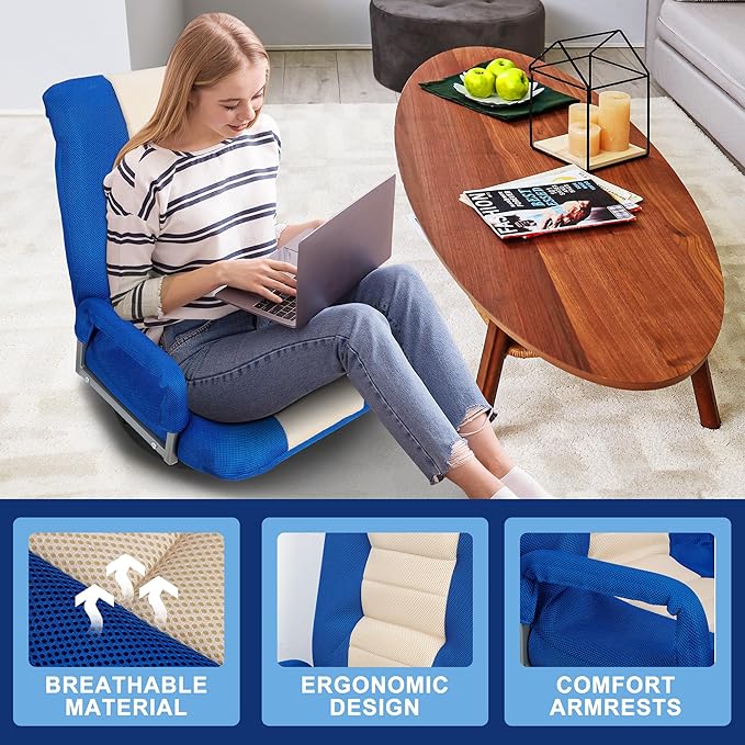 SUPER DEAL Floor Gaming Chair with Arms Floor Lazy Lounger Chair with Adjustable 5 Positions 360 Degree Swivel for Adults Teens Reading Relaxing Watching TV Blue and Beige