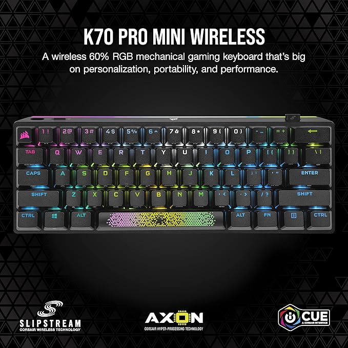 Corsair K70 PRO Mini Wireless RGB 60% (CH-9189010-NA) Mechanical Gaming Keyboard (Fastest Sub-1ms Wireless Swappable Cherry MX Red Keyswitches) QWERTY NA Layout - Black (Renewed)