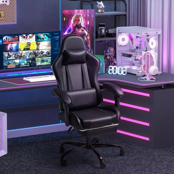 Homall Gaming Chair Video Game Chair with Footrest and Massage Lumbar Support Ergonomic Computer Chair Height Adjustable with Swivel Seat and Headrest (Dark Black)