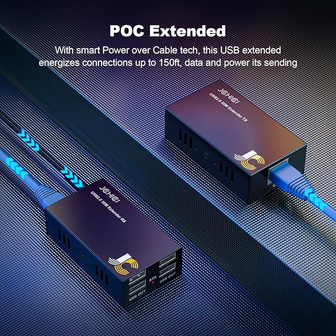 USB Extender Over Cat6/7 Up to165ft/50M JCHICI 4 USB 2.0 Ports Plug and Play No Driver POC Keyboard and Mouse Over Ethernet