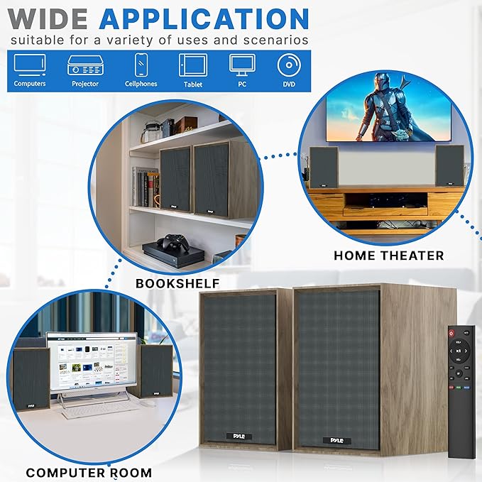 PyleUsa Powered Bookshelf Speaker Monitors HiFi Studio Monitor Computer Desk Stereo Speaker System Opt/Coax/RCA/USB/AUX Out Connection VOL/TREB/BASS Control Studio Sound Wood - PBKSRB40