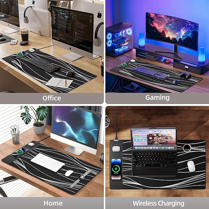 Mouse Pad with Wireless Charging Gaming Mouse Pad with Ultra-Smooth Surface Large XXL Desk Mat Non-Slip Mouse Mat Waterproof Computer Keyboard Pad for Desk Office 800x400x4MM Black and Line