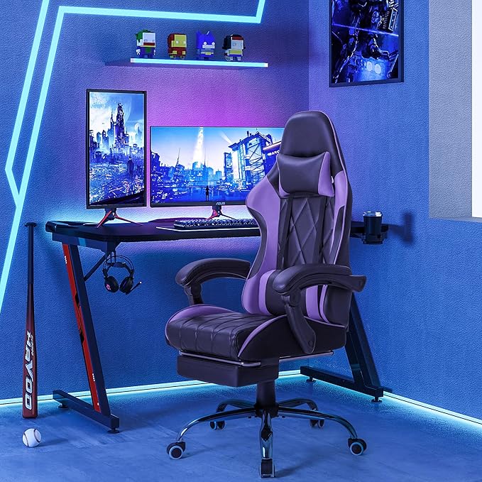 Homall Gaming Chair Computer Chair with Footrest and Massage Lumbar Support Ergonomic High Back Video Game Chair with Swivel Seat and Headrest (Purple)