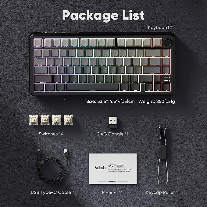 RedThunder K75 Wireless Mechanical Gaming Keyboard 75% Hot Swappable Creamy Keyboard with Knob RGB Backlit Pre-lubed Linear Switches Side Engraved PBT Keycaps Wireless/Wired/BT5.0 Gradient Gray