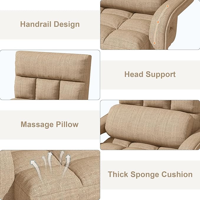 Floor Gaming Chair for Adults 6-Position Adjustable Chaise Lounge Chair with Meditation Arm Foldable Lazy Sofa with Pillow Comfy Chair Indoor for Bedroom Dorm Living Room Beige