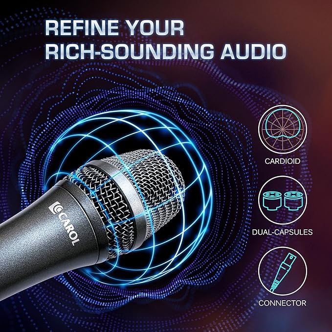 CAROL AC-910 XLR Wired Vocal Microphone – Dynamic Cardioid Mic with Dual-Engine AHNC Noise Cancelling Tech for Singing Karaoke Stage &amp Studio Includes Microphone Mic Clip &amp 14.8ft XLR Cabl