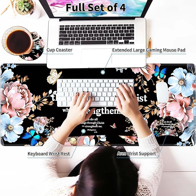 Extended Large Mouse Pad Set 31.5 x 15.7 – Christian Floral All-in-One Desk Set with Keyboard Wrist Rest Mouse Wrist Rest &amp Coaster Ergonomic Desk Accessories for Women Faith-Inspired Office Gi