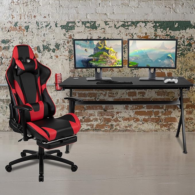 BizChair Gaming Desk and Red Footrest Reclining Gaming Chair Set - Cup Holder/Headphone Hook/Removable Mouse Pad Top/Wire Management