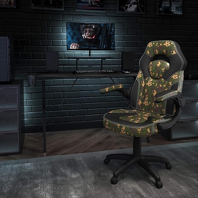 Flash Furniture Black Gaming Desk and Camouflage/Black Racing Chair Set with Cup Holder Headphone Hook and Monitor/Smartphone Stand