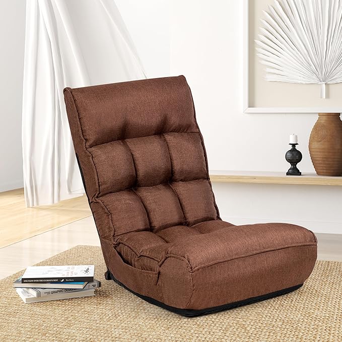 KOMFOTT Folding Floor Chair for Adults Floor Gaming Chair with 5-Position Adjustable Headrest &amp 4-Position Adjustable Backrest Side Pocket Floor Seating Lazy Sofa for Reading Meditating Brown