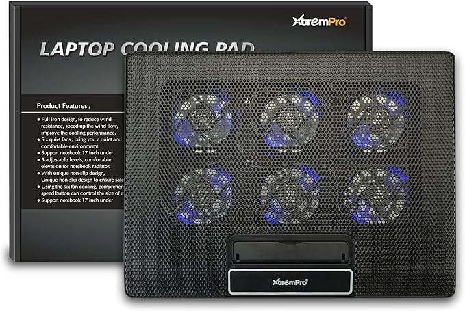 Portable Metal Mesh Laptop Cooler Cooling Pad 6 Quiet Fans w/Blue LED Light 6 Adjustable Levels Up to 17 Inch Notebook 2 USB Interface w/Speed Control Switch Non-Slip - Black (11149)
