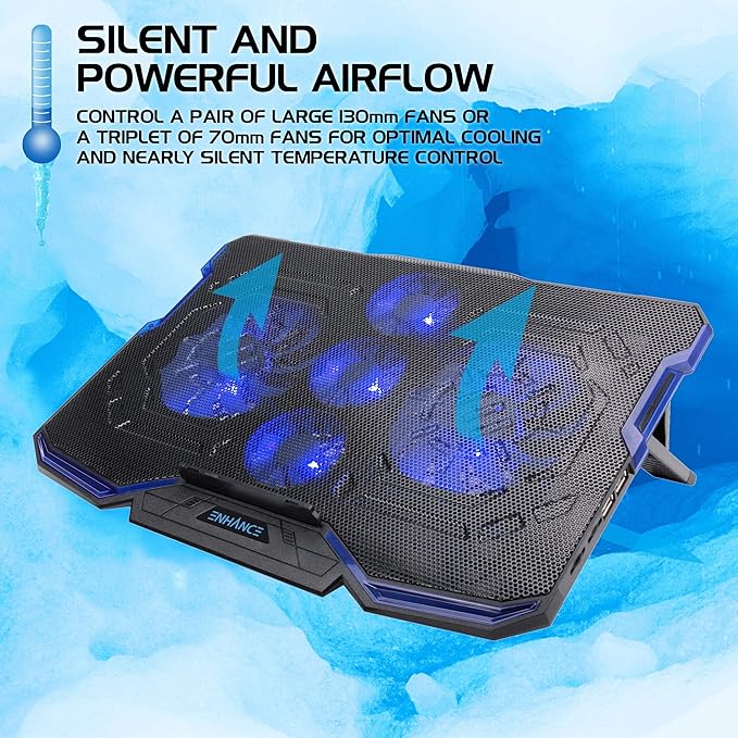 Enhance Cryogen Gaming Laptop Cooling Pad - Fits up to 17 inch Computer - Adjustable Laptop Cooling Stand with 5 Ultra Quiet Cooler Fans 2 USB Ports and LED Lighting - Slim Portable Design 2500 RPM
