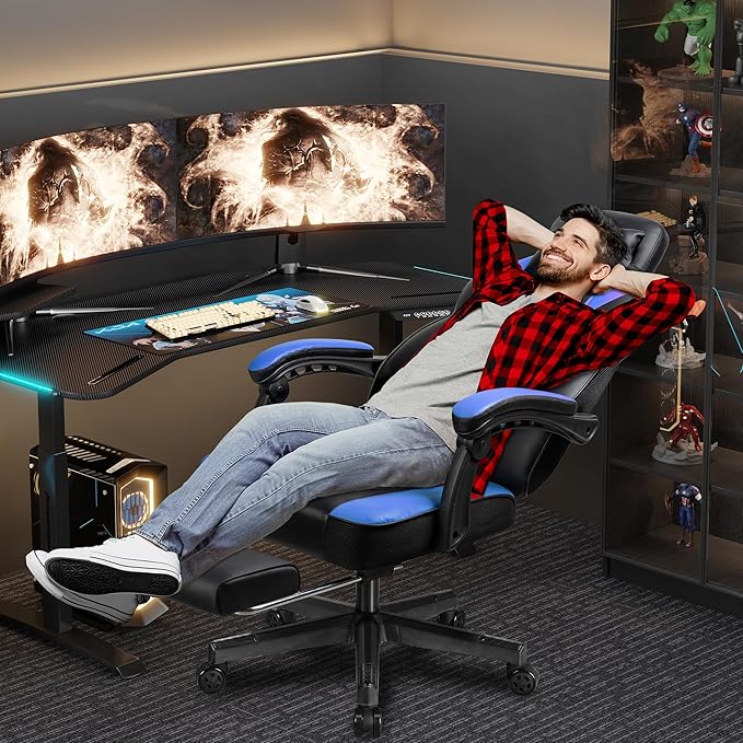 Shintenchi Gaming ChairVideo Game Chair with footrest and Massage Lumbar SupportHeight Adjustable Game Chair with 360°Swivel Seat Ergonomic Computer Chair with Headrest for Office or Gaming(Blue)