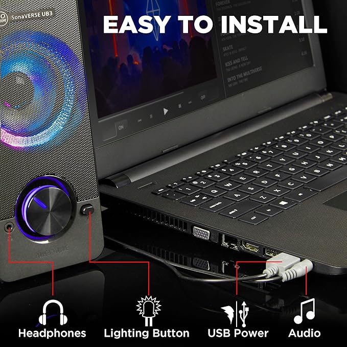 GOgroove UB3 Computer Speakers for Desktop and Laptop - Monitor Speakers with Loud Bass 2.5 Inch XL Drivers for 12W of Power Built-in Headphone and AUX Input Ports Computer Speakers for Desktop PC