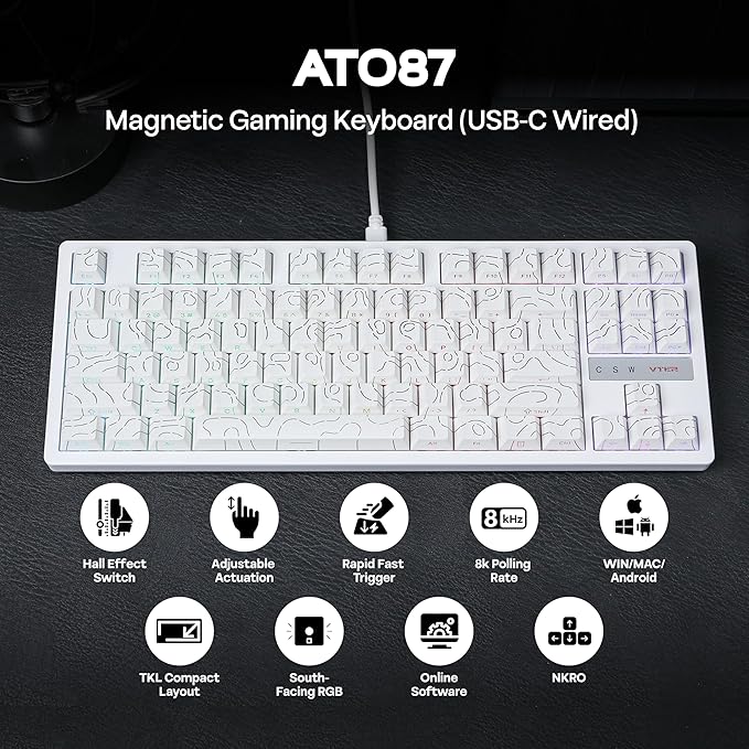 MechLands VTER ATO87 HE Magnetic Gaming Keyboard with Adjustable Actuation Hall Effect Keyboard with 0.125ms Latency 8K Polling Rate 87-Key Hot-Swappable RGB Customizable Keys (White)