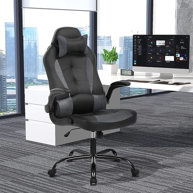 Gaming Chair PU Leather Computer Chair with Flip-up Armrest and Lumbar Support Ergonomic High Back Home Office Chair Comfy Video Game Chair for Home Bedroom Grey