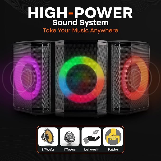 Pyle Portable Bluetooth Speaker with 8 Inch Woofer TWS Function Mic Input USB/Micro SD/FM Radio Colorful Ring Lights 120W Rechargeable Battery Tripod Stand Hi-Fi Sound Indoor/Outdoor Use