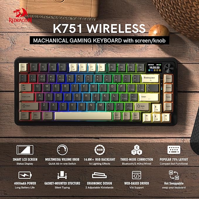 Redragon K751 75% Wireless Mechanical Gaming Keyboard for PC/Mac Bluetooth 5.0/2.4GHz/USB C Wired Creamy Keyboards with Screen/Knob/RGB/Backlit/Linear Switches Hot Swappable Gasket (Retro Brown)