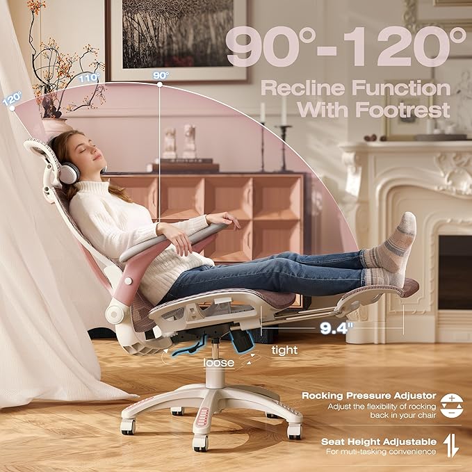 ELABEST X100 Ergonomic Mesh Office Chair with Footrest Big and Tall Hone Desk Chair with 5D Flip-Up Arms Adjustable 3D Lumbar SupportGaming &amp Executive Computer Chairs