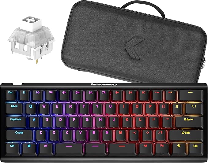 KINESIS Gaming TKO Mechanical Keyboard | Clicky White Switches | 60% Layout | Split Spacebar | Hotswap | PBT Keycaps | Aluminum Body | SF Shock Limited Edition Travel Case