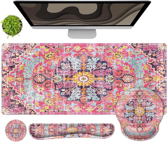 iLeadon 4In1 Desk Mat and Mouse Pad with Wrist Rest Set 35.1 x 15.75-inch Keyboard Wrist Rest Ergonomic Wrist Support for Home &amp Office Working GamingBoho Fuchsia