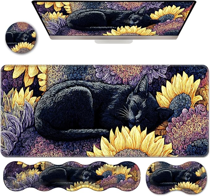 Ergonomic Keyboard Wrist Rest &amp Mouse Pad Wrist Rest SetXL Gaming Desk Mat 31.5x 11.8Non-Slip BaseMemory FoamEasy Typing Pain Relief for Office &amp HomeBlack Cat with Sunflowers
