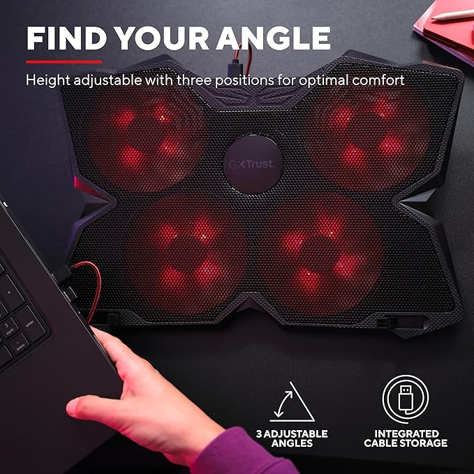 Trust Gaming GXT 278 Yozu Laptop Cooling Stand Cooler for 17.3 inch Laptops Height Adjustable Stand 4 Illuminated Fans Adjustable Fan Speed - Black