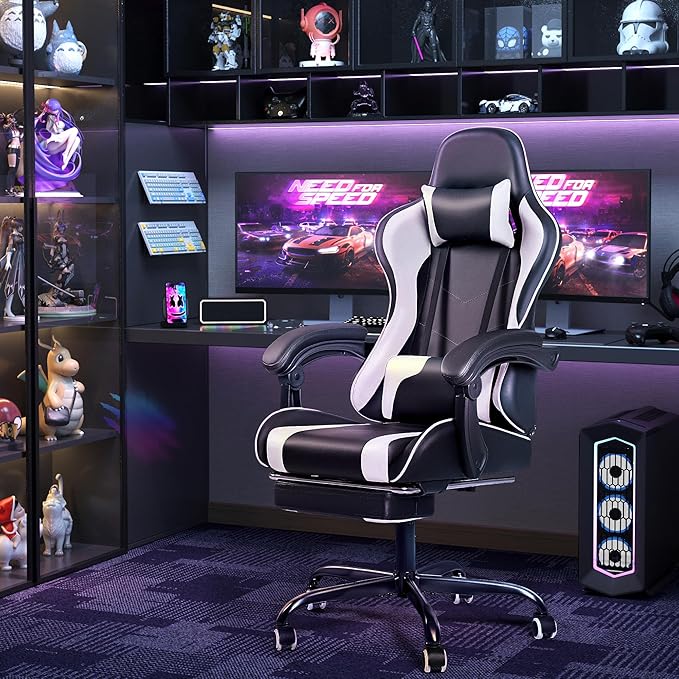 Furmax Gaming Chair Video Game Chair with Footrest and Massage Lumbar Support Swivel Seat Height Adjustable Computer Chair with Headrest Racing E-Sport Gamer Chair (White)