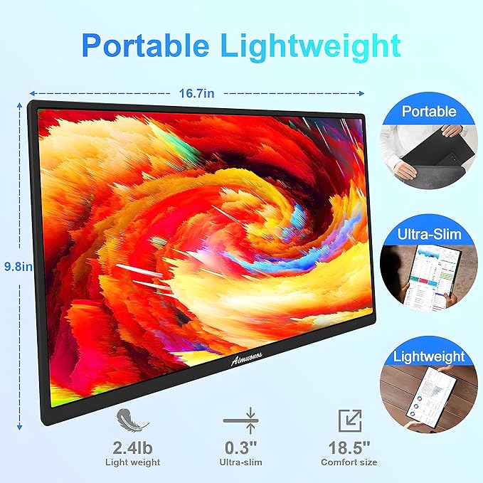 18.5inch Portable Monitor for Laptop1080P Laptops Monitors 120Hz FHD HDR Plug&ampPlay HDMI IPS Display Dual Speakers Travel External Screen for PCTabletMacSw-ItchXboxPS3/4/5 Will