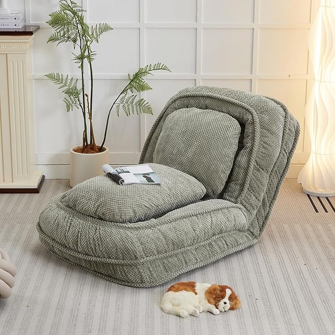 Floor Chair with Back Support Folding Sofa Chair with 5 Adjustable Position Plush Floor Gaming Chair Meditation Chair for Lazy Boys Human Dog Bed for Living Room Bedroom Lounge Green