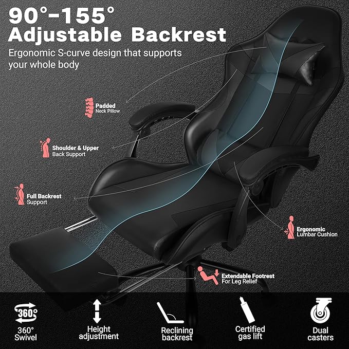 Gaming Chair Ergonomic Computer Chair with Footrest and Lumbar Support Height Adjustable Office Chair with 360° Swivel Seat and Headrest (Black)