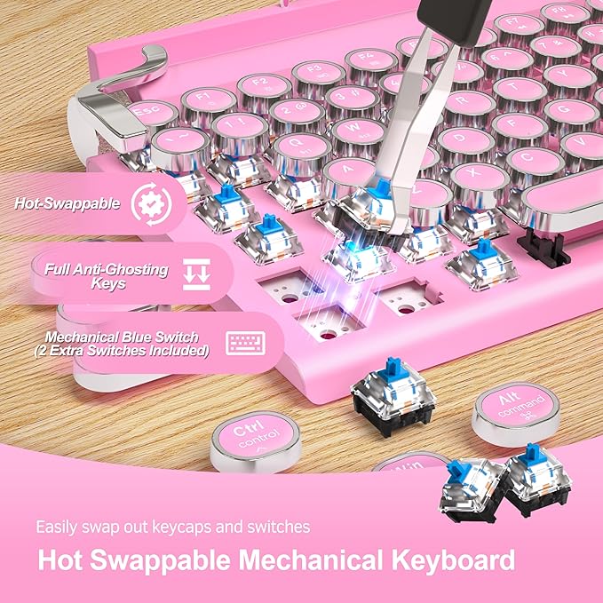 Retro Typewriter Wireless Mechanical Gaming Keyboard Bluetooth 5.0 Office Computer Vintage Keyboards 83-Key Blue Switches Punk Round Keycap LED Backlight Compatible with PC/Laptop/Pad/Phone Pink