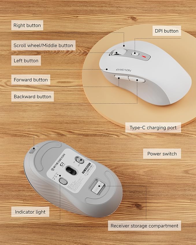 C1 Wireless Mouse for Laptop 2.4GHz and Bluetooth Silent Mouse for Small &amp Middle Hand 4000DPI Portable Ergonomic Rechargeable Mouse for PC iPad Mac Chromebook Office White