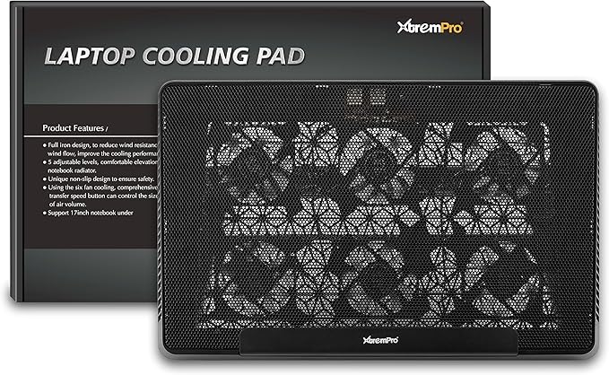 Portable Metal Mesh Laptop Cooler Cooling Pad 6 Quiet Fans w/Green LED Light 5 Adjustable Heights Up to 17 in Notebook 2 USB Interface w/Speed Control Switch Non-Slip - Black (11147)