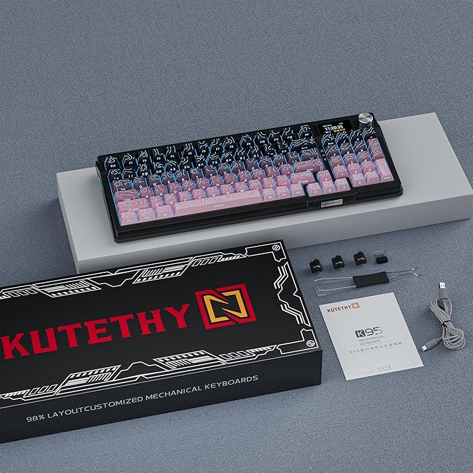 KUTETHY Wireless Mechanical KeyboardSmart Display &amp KnobTri-Mode BT5.0/2.4GHz/USB-CHot Swappable Pre-lubed Kailh SwitchesContour keycapsRGB Backlit Gaming Keyboard (BlackBerry Contours)